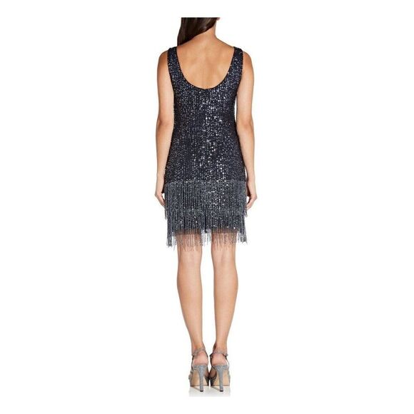 ADRIANNA PAPELL Navy Beaded Fringe Sequin Flapper Cocktail Party Dress 12-14 - Picture 2 of 8